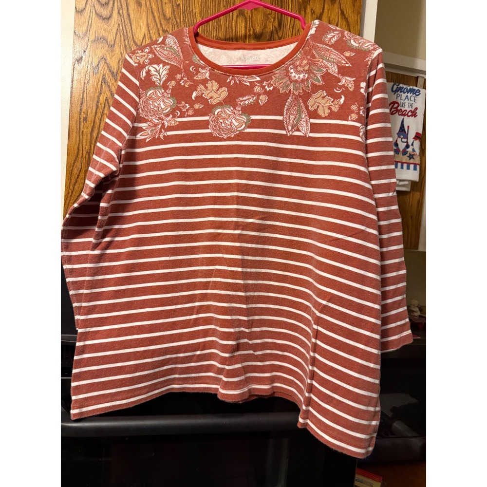 Kim Rogers Womens XL Rust Orange Striped Floral Yoke Long Sleeve Top Crew Neck